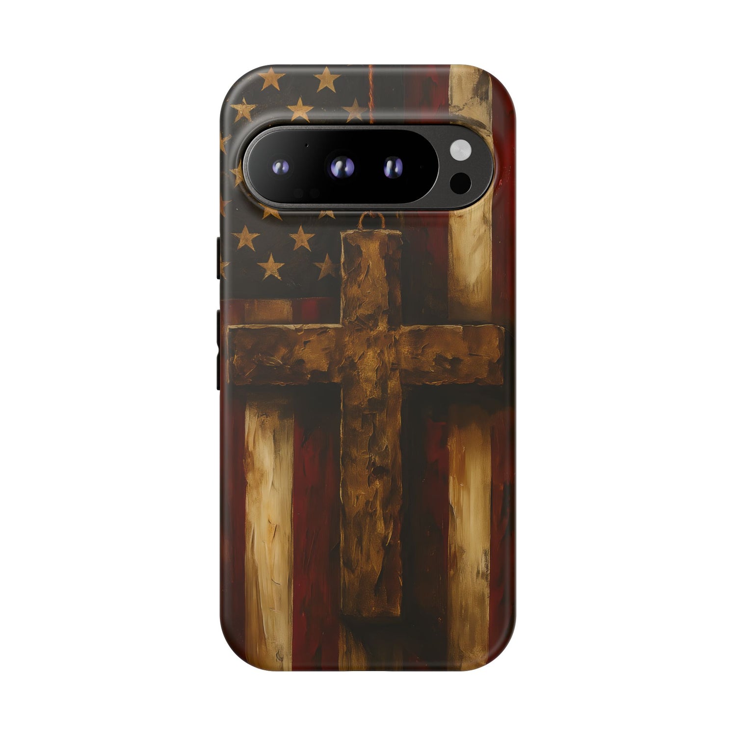 Forged in Faith Phone Case - Rustic Gold Cross &amp; American Flag | Patriotic Christian Case for iPhone, Samsung &amp; Pixel Google Pixel 9 Pro Matte