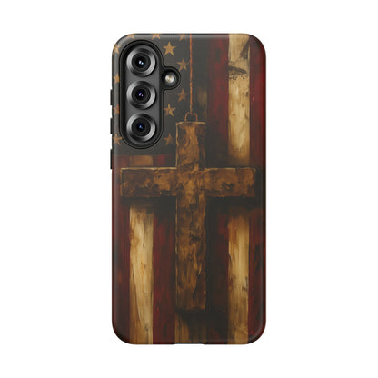 Forged in Faith Phone Case - Rustic Gold Cross &amp; American Flag | Patriotic Christian Case for iPhone, Samsung &amp; Pixel Samsung Galaxy S25 Plus Matte