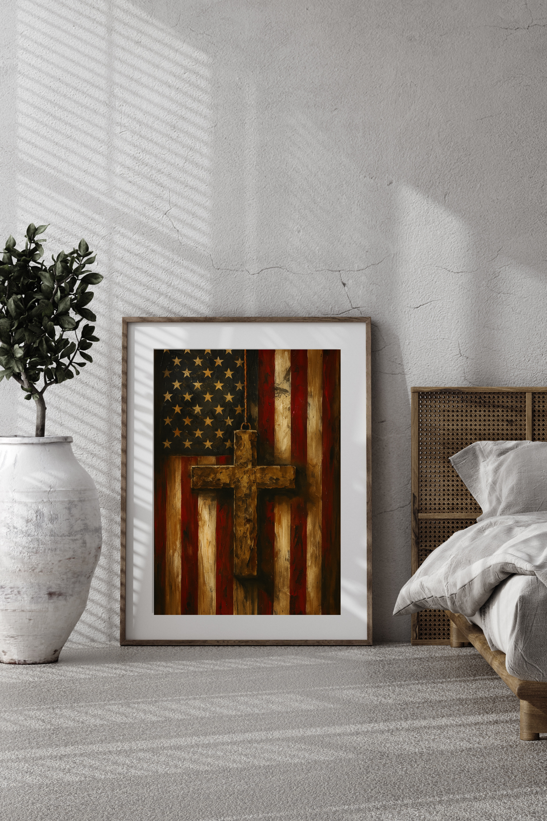 Christian Country Poster - American Flag & Cross Wall Art | Patriotic Faith-Based Home Decor Print