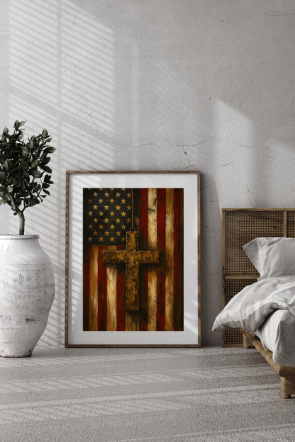 Christian Country Poster - American Flag &amp; Cross Wall Art | Patriotic Faith-Based Home Decor Print