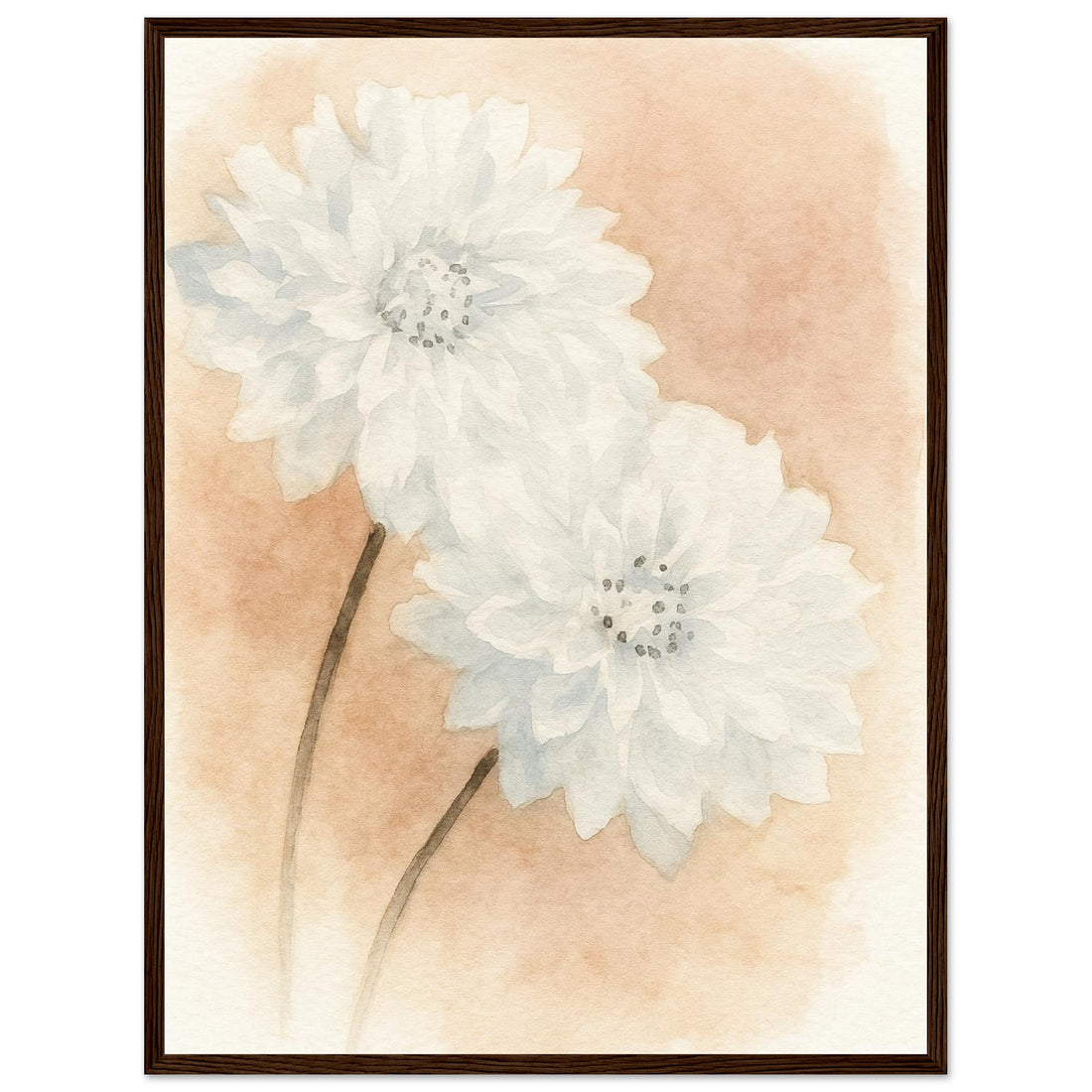 Soft White Dahlia Watercolor Art Print - Elegant Floral Botanical Wall Art 45x60 cm 18x24″ Dark wood frame