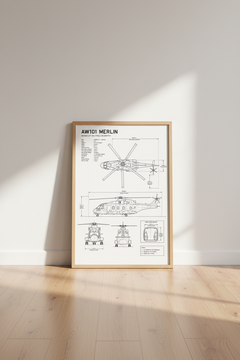 AW101 Merlin Helicopter Blueprint | Professional Aviation Wall Art, Office Decor Poster
