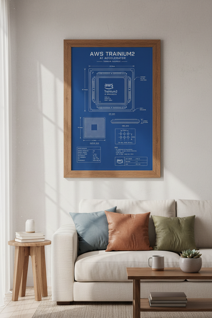 AWS Trainium2 AI Blueprint Art | Tech Office Decor, Engineering Poster