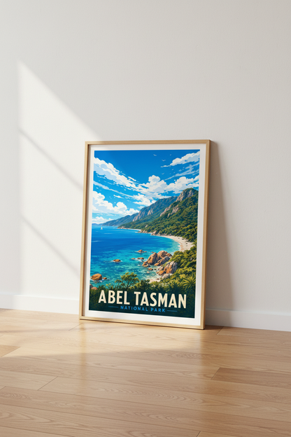 Abel Tasman National Park New Zealand Art | Blue Coastal Travel Poster, Nature Print