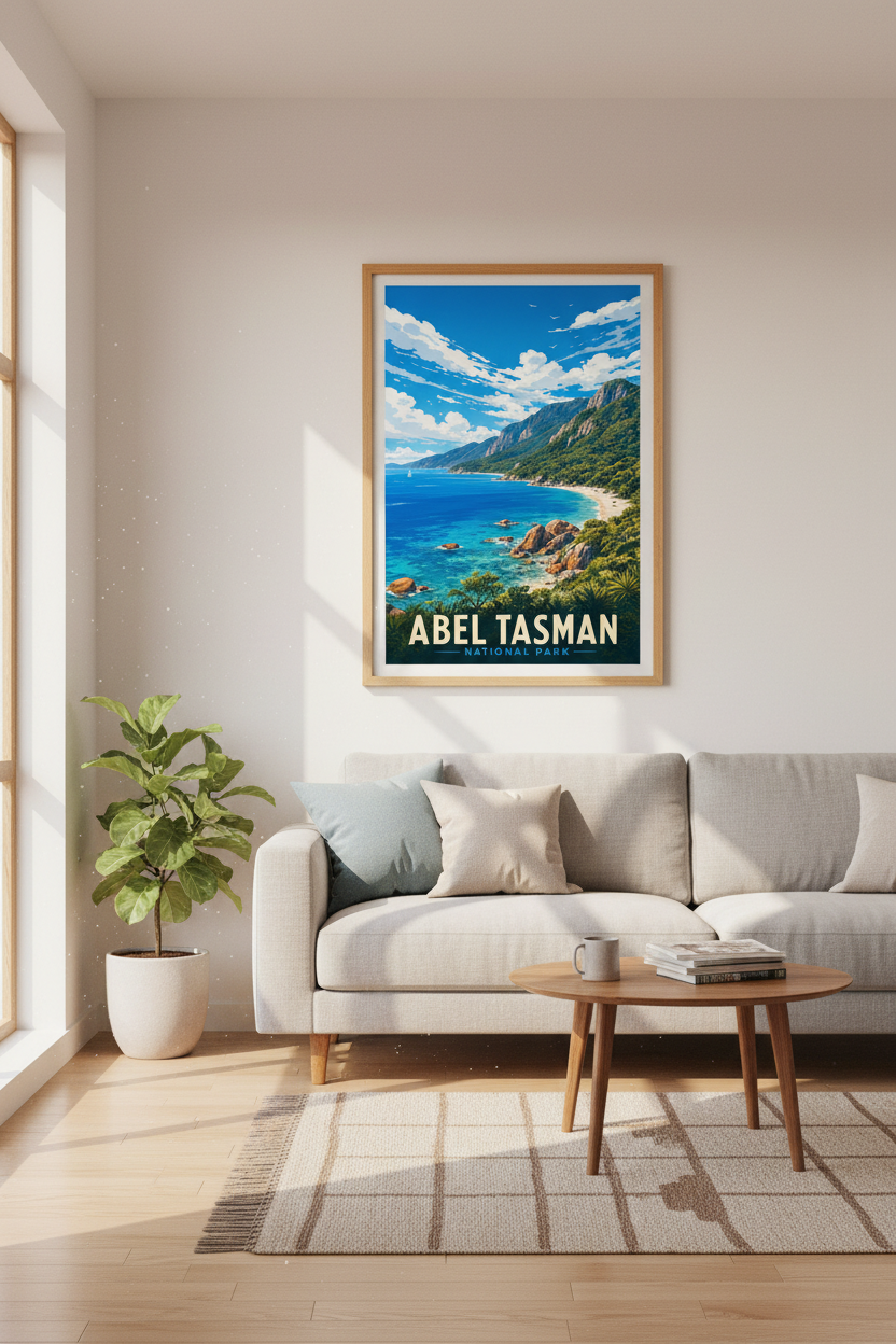 Abel Tasman National Park New Zealand Art | Blue Coastal Travel Poster, Nature Print
