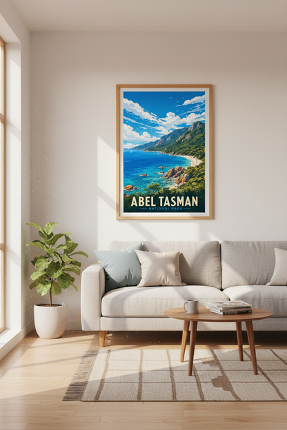 Abel Tasman National Park New Zealand Art | Blue Coastal Travel Poster, Nature Print