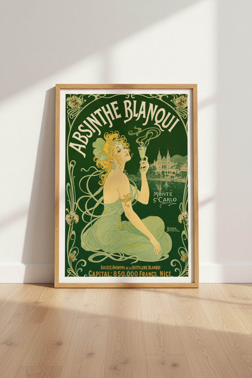 Absinthe Blanqui | Vintage Art Nouveau Poster, Green &amp; Gold Bar Decor