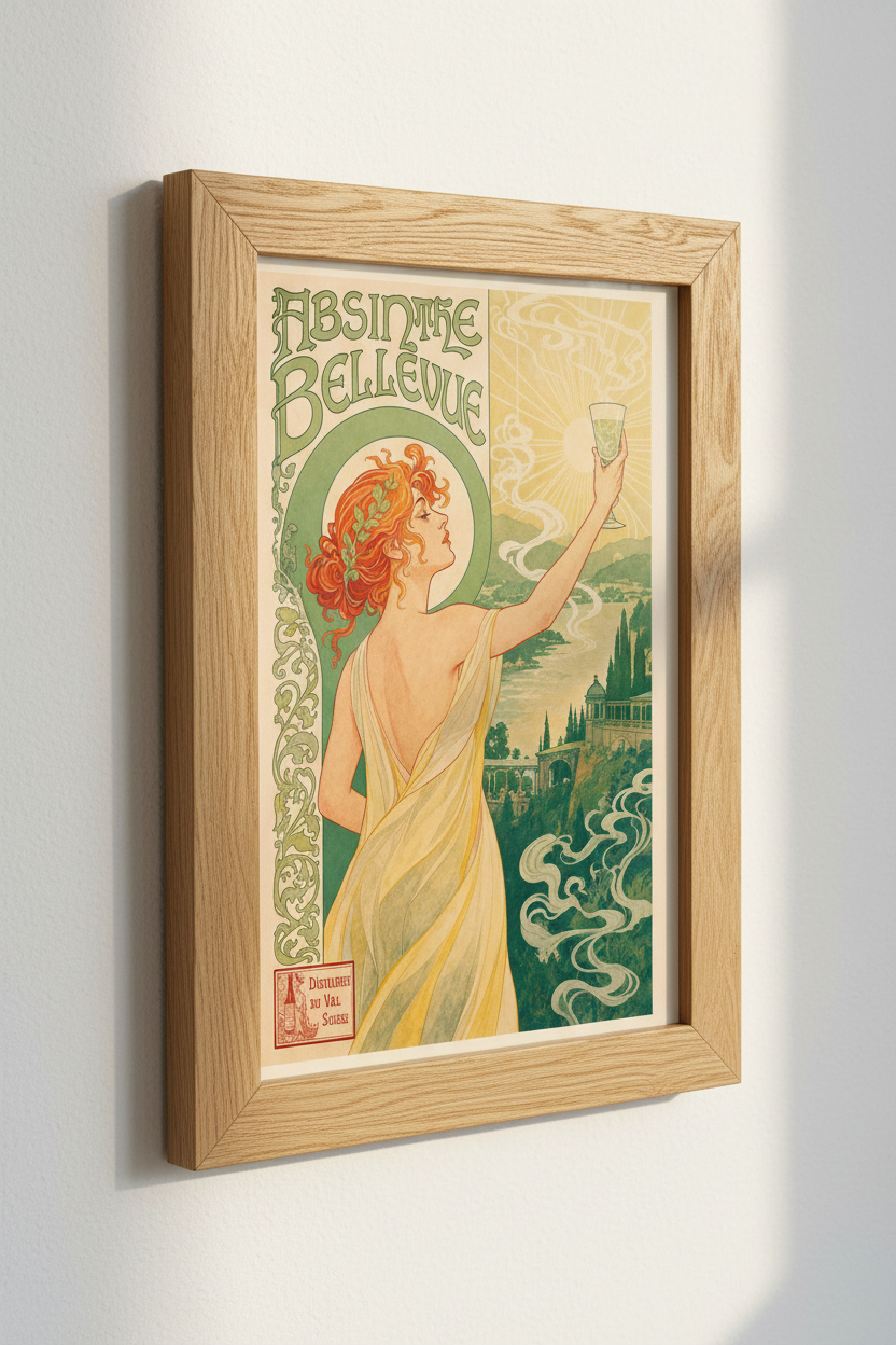 Absinthe Bellevue Wall Art | Vintage Art Nouveau Poster, Green &amp; Gold Bar Decor