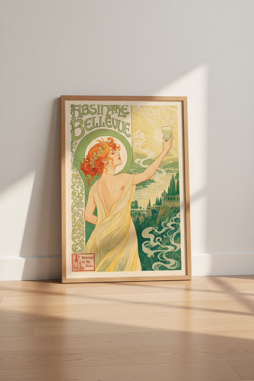 Absinthe Bellevue Wall Art | Vintage Art Nouveau Poster, Green &amp; Gold Bar Decor