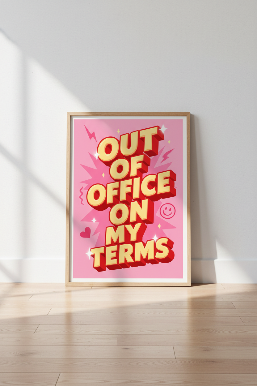 Out of Office Wall Art | Pink Y2K Typography Poster, Modern Home Office Decor