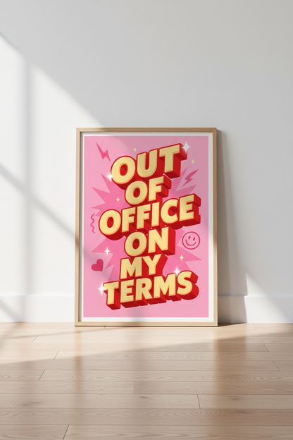 Out of Office Wall Art | Pink Y2K Typography Poster, Modern Home Office Decor