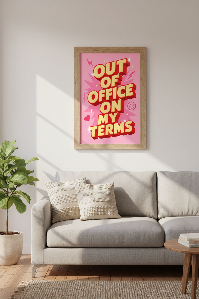 Out of Office Wall Art | Pink Y2K Typography Poster, Modern Home Office Decor