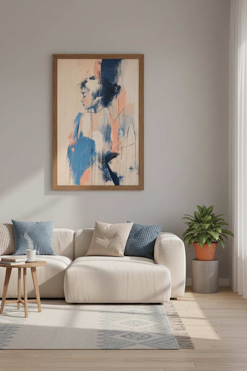 Abstract Woman Portrait | Navy &amp; Peach Modern Wall Art, Minimalist Living Room Poster