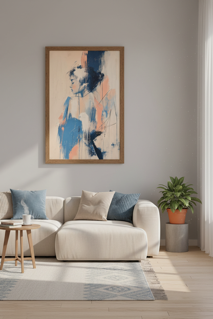 Abstract Woman Portrait | Navy &amp; Peach Modern Wall Art, Minimalist Living Room Poster