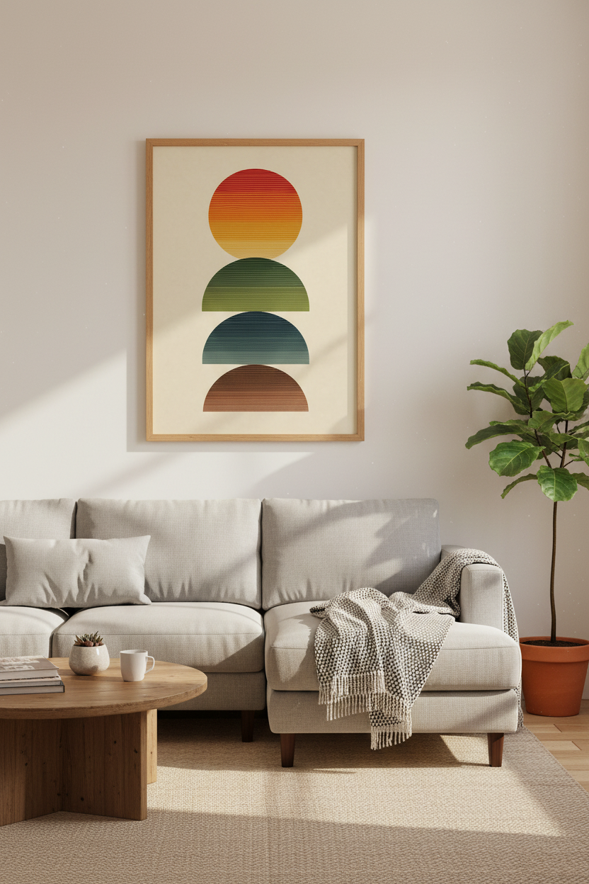 Mid Century Geometric Sun Wall Art | Retro Earth Tones, Living Room Decor