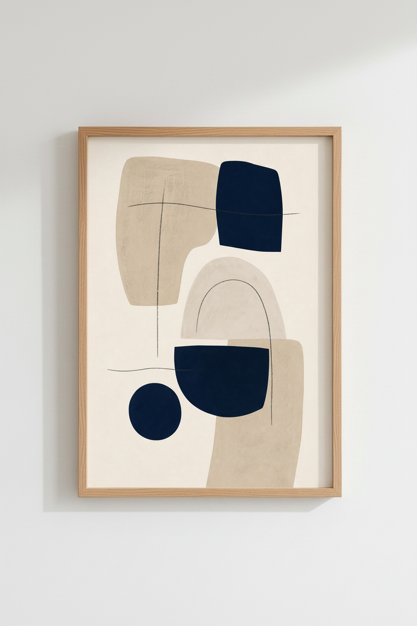 Navy Abstract Wall Art | Mid Century Modern Indigo &amp; Beige, Minimalist Gallery Decor