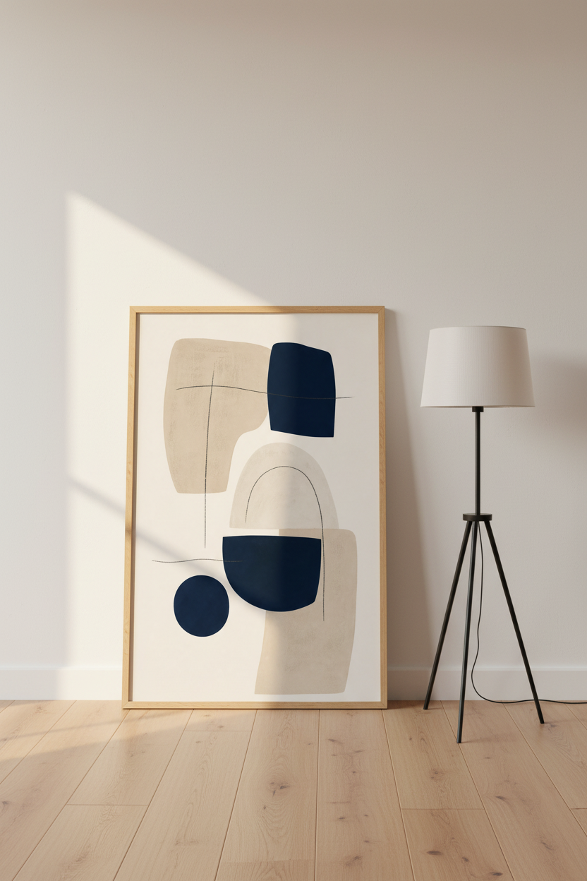 Navy Abstract Wall Art | Mid Century Modern Indigo &amp; Beige, Minimalist Gallery Decor
