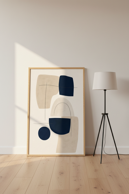 Navy Abstract Wall Art | Mid Century Modern Indigo &amp; Beige, Minimalist Gallery Decor