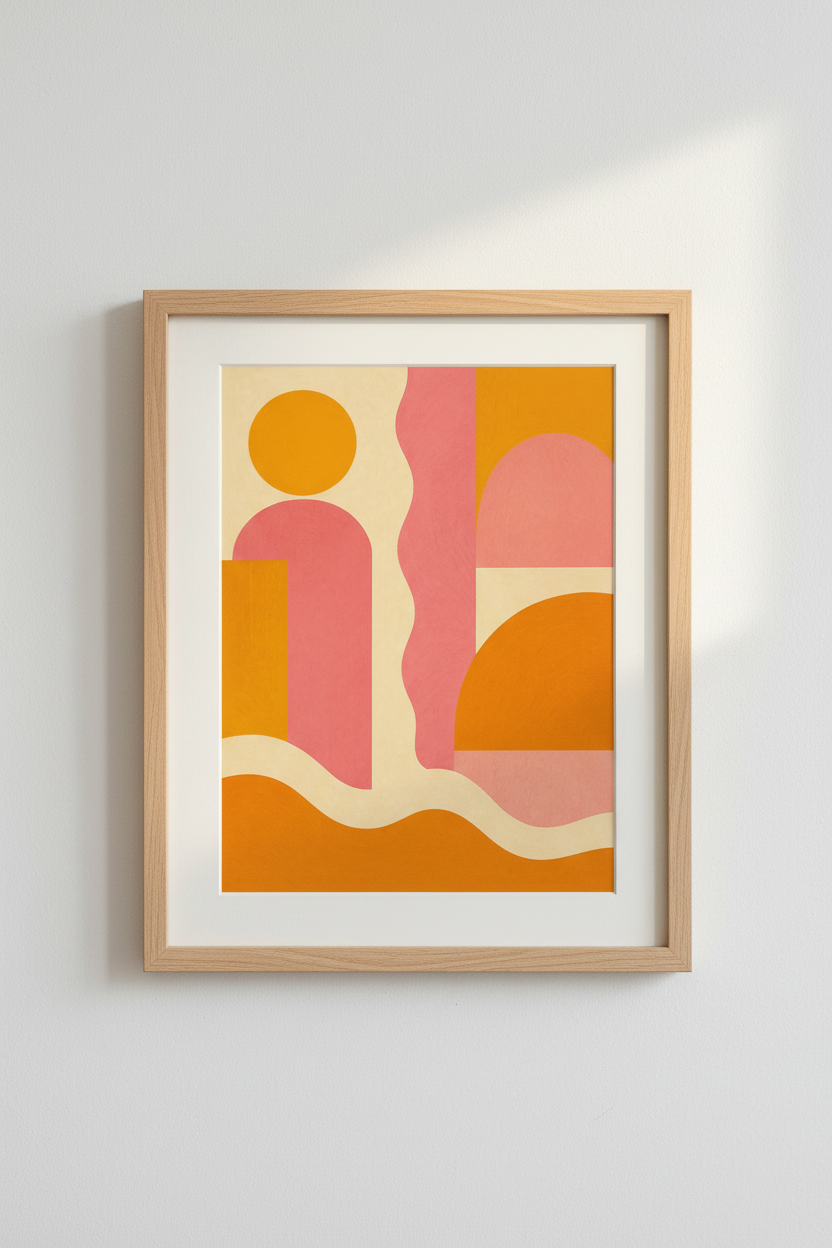 Mid-century geometric abstract print in peach and pink tones