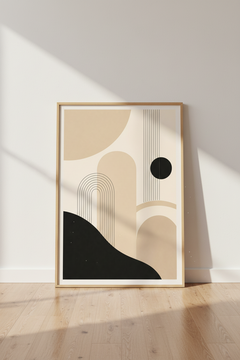 Neutral Boho Wall Art Print | Mid Century Abstract Poster | Beige &amp; Black Minimalist Decor