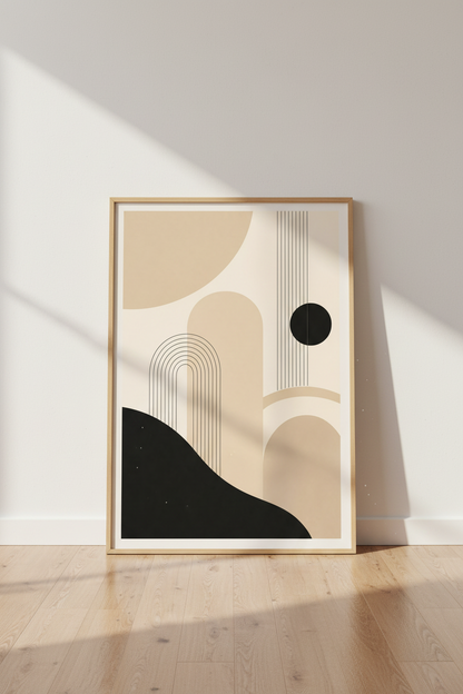 Neutral Boho Wall Art Print | Mid Century Abstract Poster | Beige &amp; Black Minimalist Decor