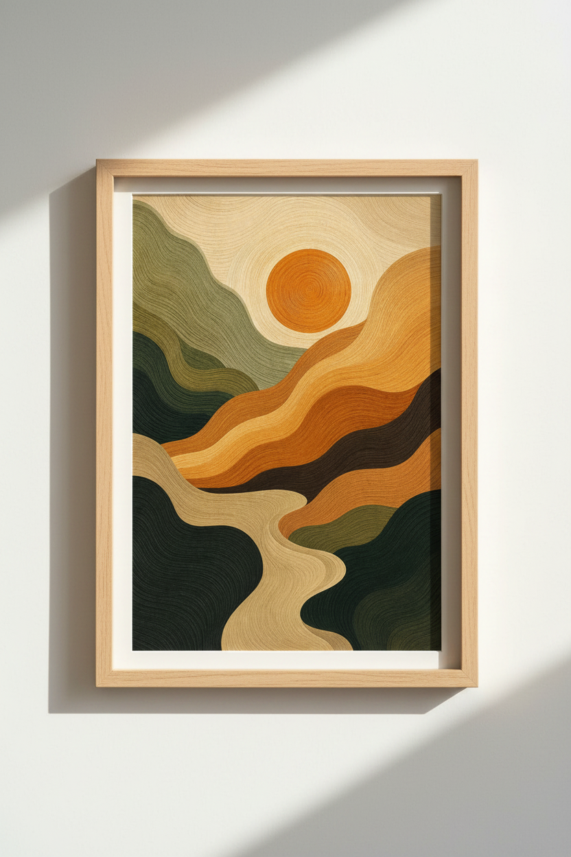 Warm-toned abstract landscape art print with silky hills, styled in a living room