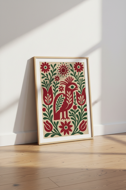 Folk Bird Floral Wall Art | Red &amp; Green Nordic Design, Living Room Decor