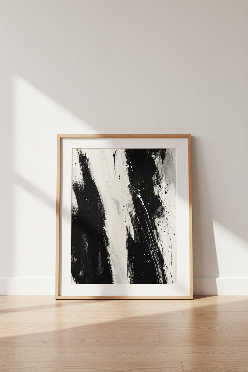 Abstract Paint Splatter Art | Black and White Monochrome, Modern Office Decor