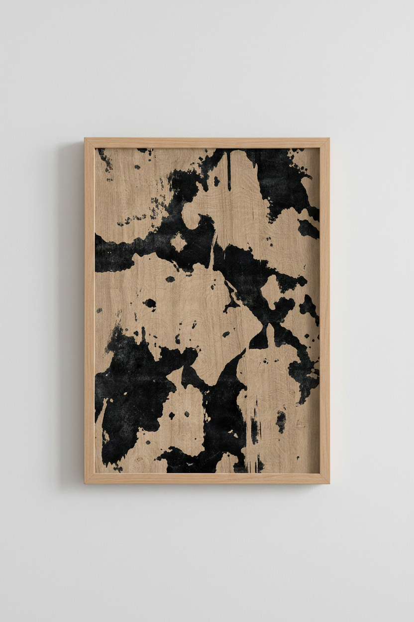 Abstract wall art | Neutral wood-toned, black ink motif | Living room decor
