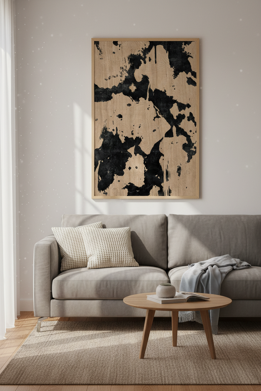 Abstract wall art | Neutral wood-toned, black ink motif | Living room decor