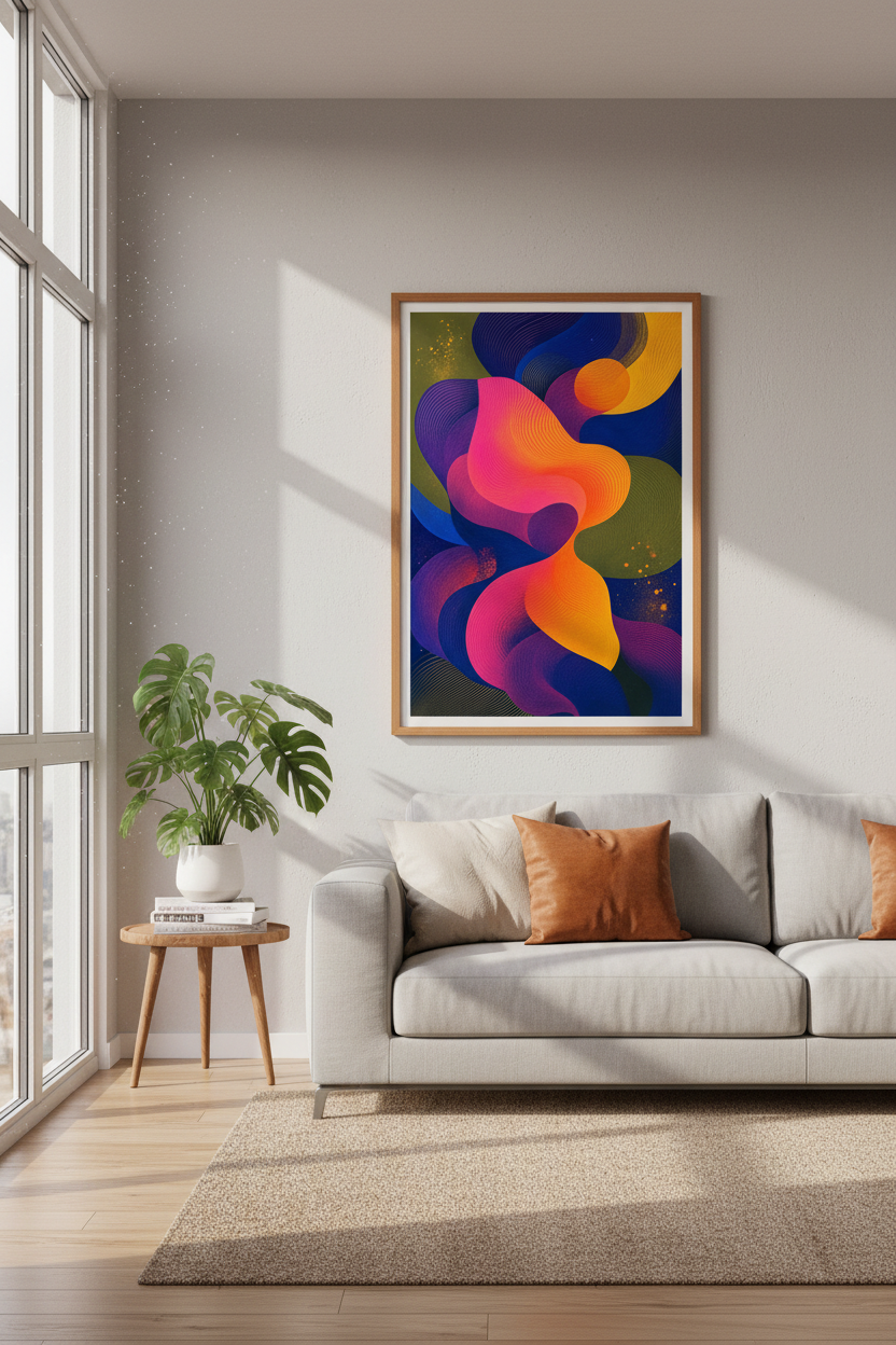 Abstract Fluid Wave Wall Art | Vibrant Colorful Line Poster, Modern Living Room Decor