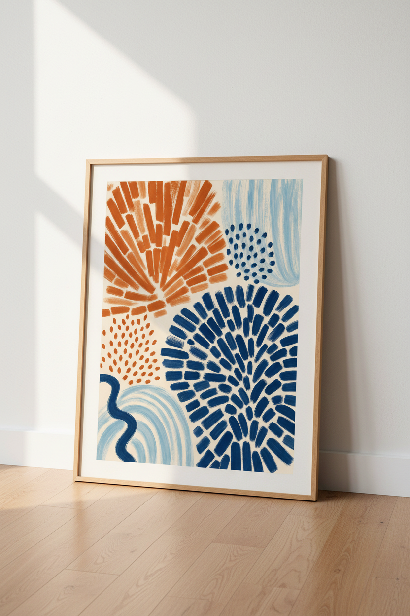 Abstract Botanical Sun | Burnt Orange &amp; Navy Blue Prints, Modern Living Room Decor