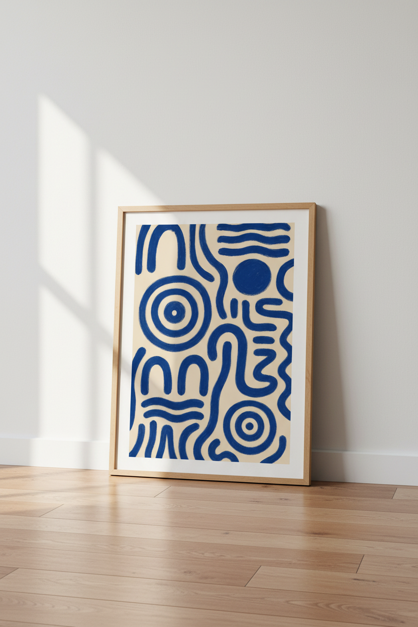 Abstract Blue Linework Wall Art | Modern Beige Poster | Japandi Decor