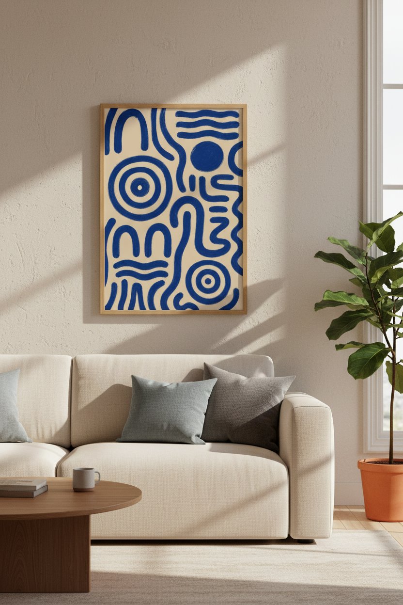 Abstract Blue Linework Wall Art | Modern Beige Poster | Japandi Decor