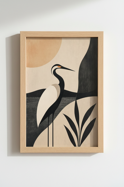 Crane Wall Art | Geometric Beige-Black Palette, Living Room
