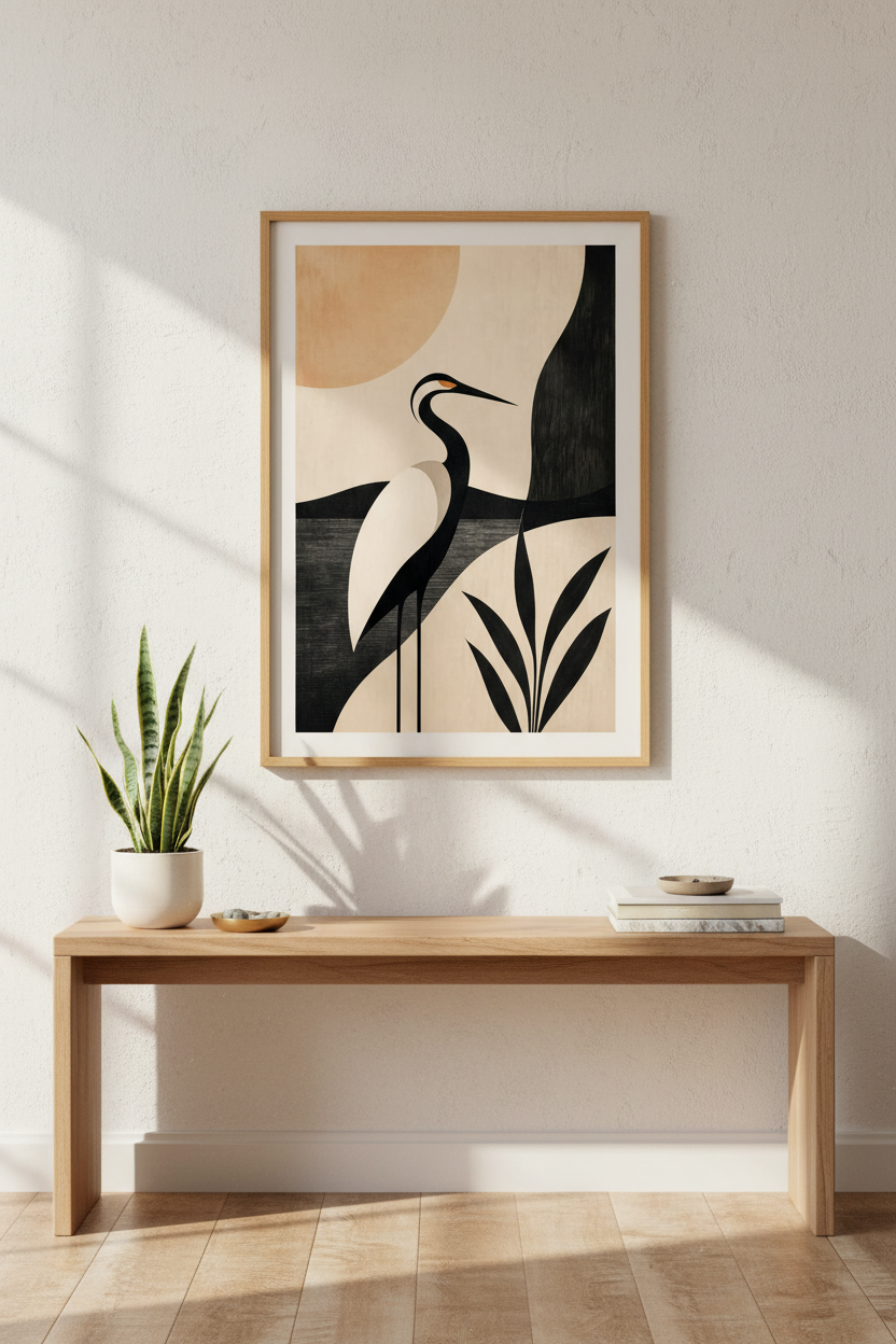 Crane Wall Art | Geometric Beige-Black Palette, Living Room