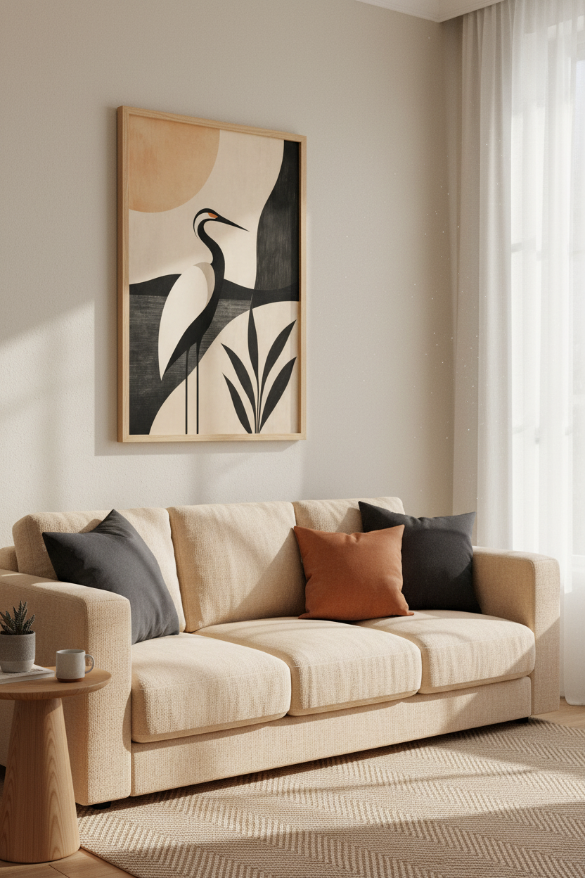 Crane Wall Art | Geometric Beige-Black Palette, Living Room