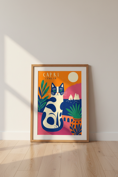 Capri Italy Cat Wall Art | Amalfi Coast Travel Poster | Vibrant Mediterranean Decor