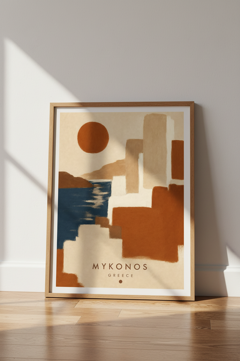 Mykonos Greece Travel Poster | Boho Terracotta Wall Art | Mediterranean Decor