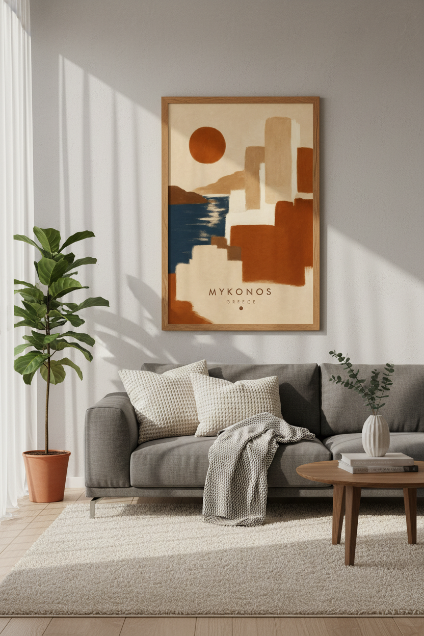 Mykonos Greece Travel Poster | Boho Terracotta Wall Art | Mediterranean Decor