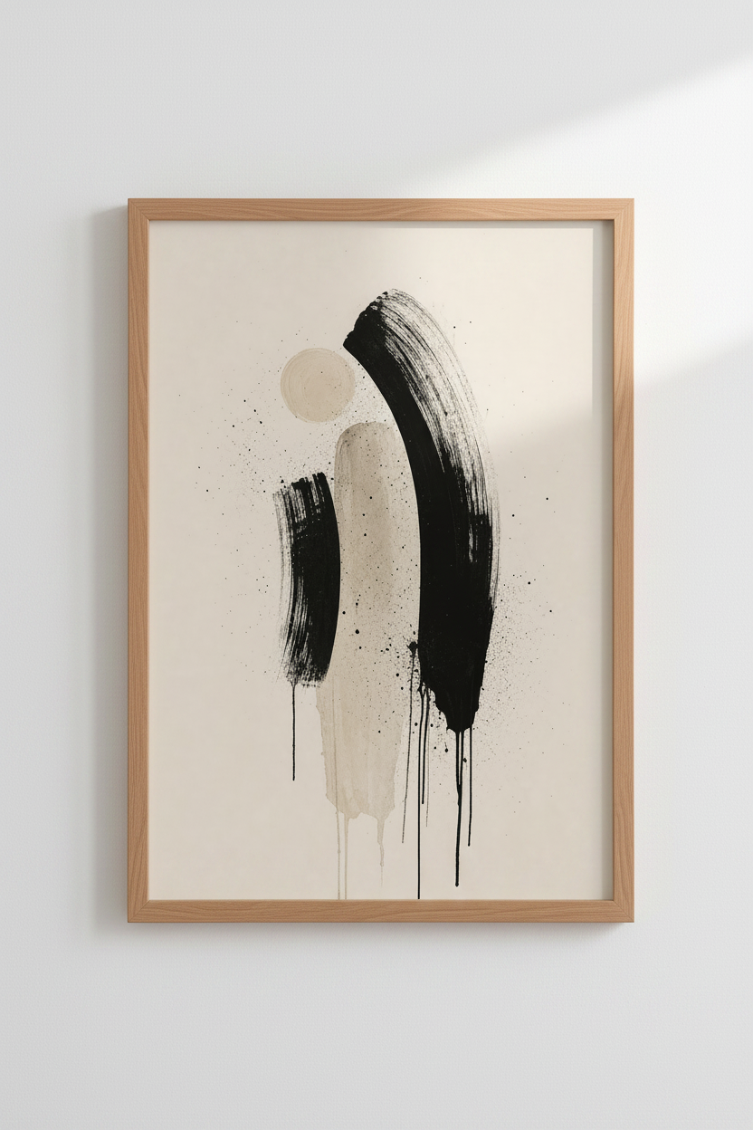 Abstract Brushstroke Art | Minimalist Black &amp; Beige, Modern Living Room Wall Art
