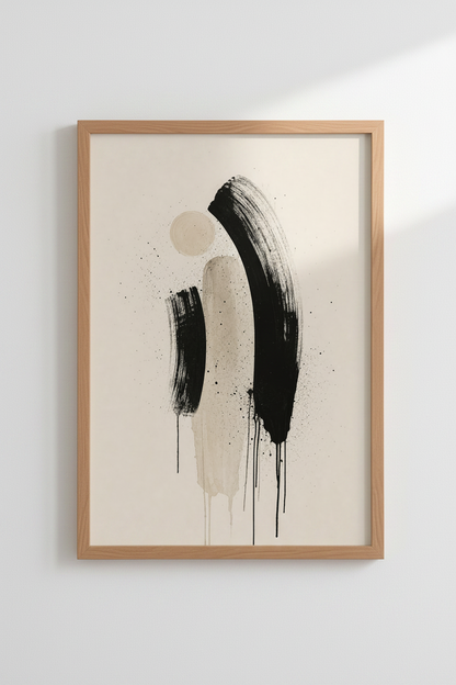 Abstract Brushstroke Art | Minimalist Black &amp; Beige, Modern Living Room Wall Art