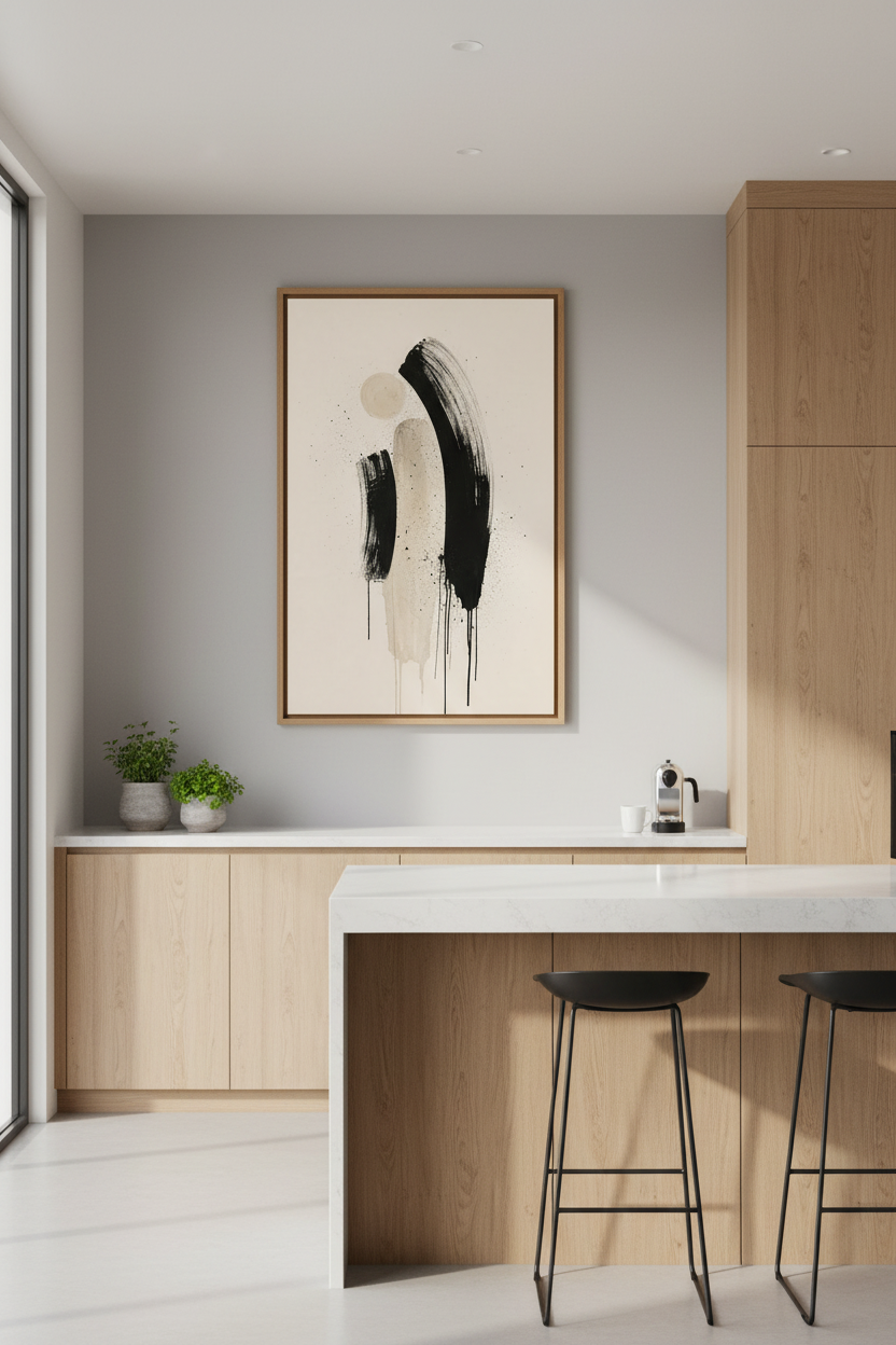 Abstract Brushstroke Art | Minimalist Black &amp; Beige, Modern Living Room Wall Art