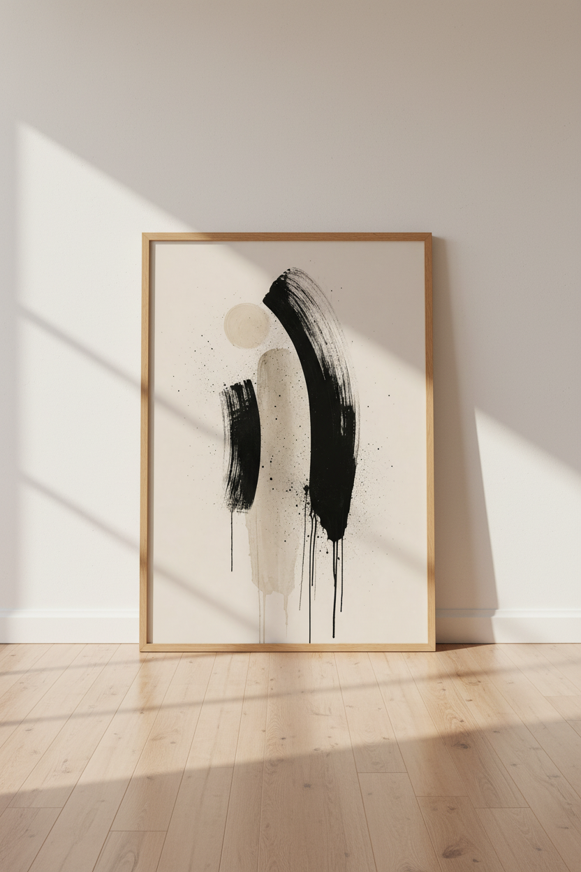 Abstract Brushstroke Art | Minimalist Black &amp; Beige, Modern Living Room Wall Art