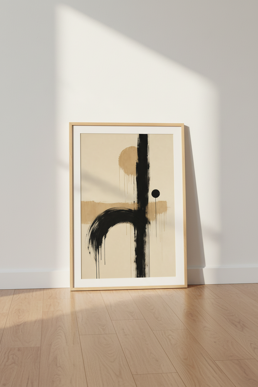 Japandi Abstract Wall Art Print | Minimalist Beige &amp; Black, Modern Zen Home Decor