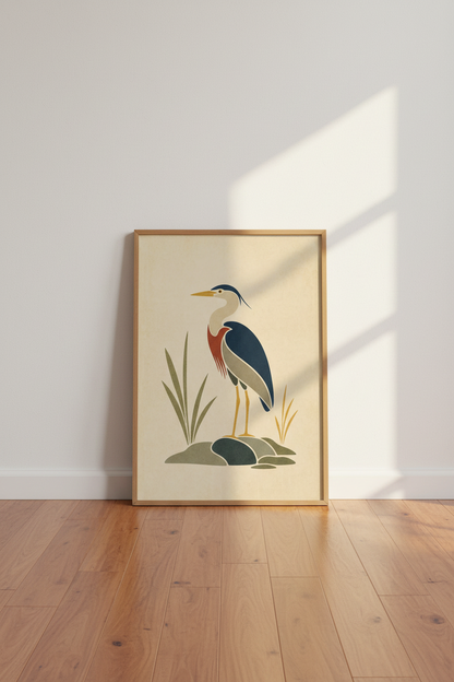 Great Blue Heron Wall Art | Mid Century Modern Bird Print, Coastal Living Room Decor