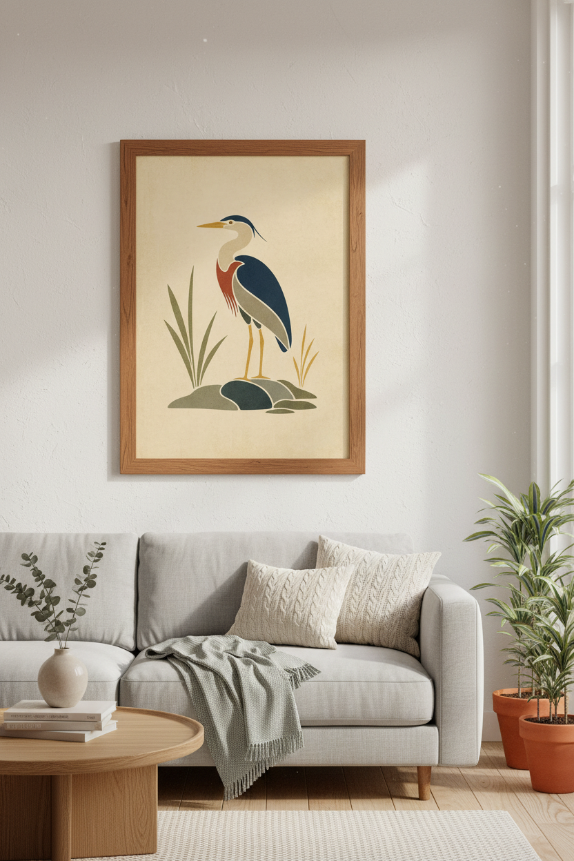 Great Blue Heron Wall Art | Mid Century Modern Bird Print, Coastal Living Room Decor