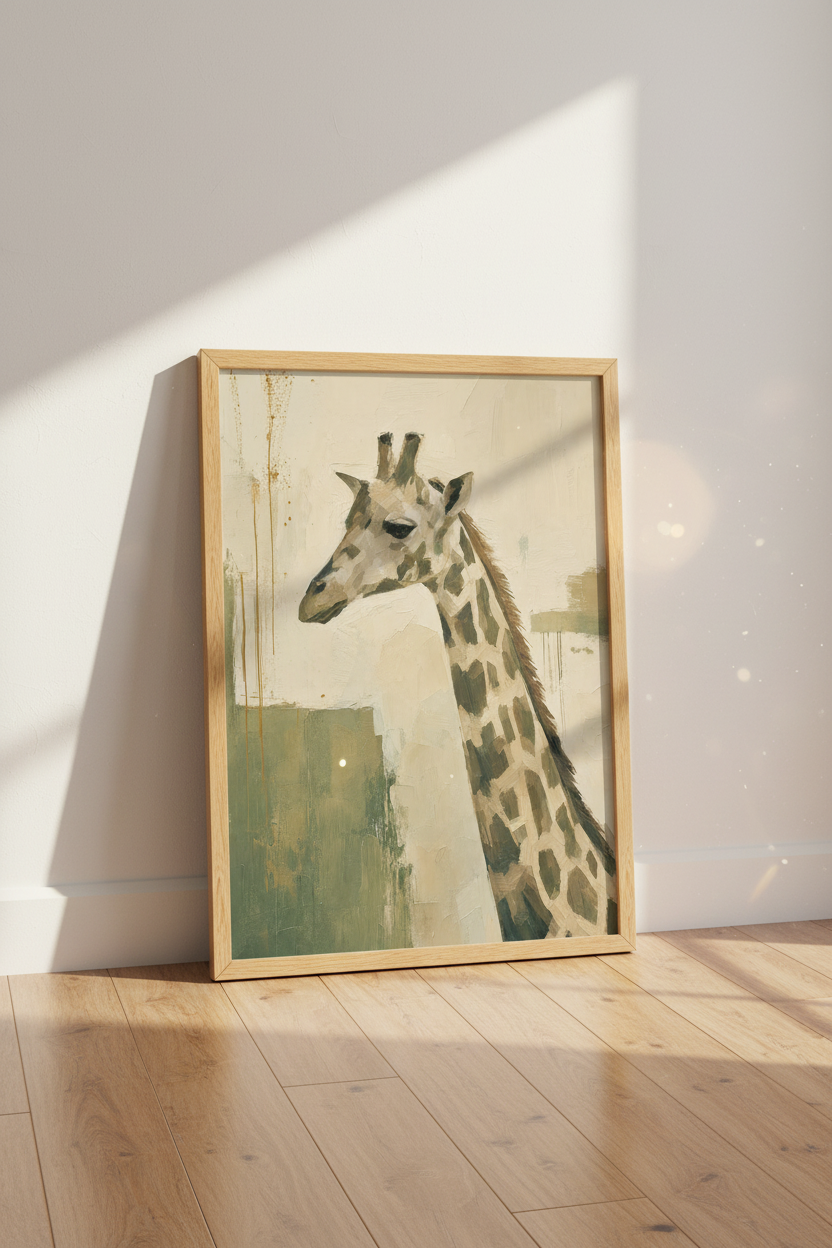 Abstract Giraffe Oil Painting | Neutral Sage &amp; Cream, Nursery Living Room Decor