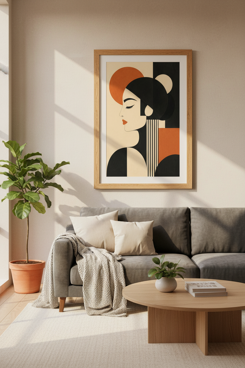 Geometric Poster | Art Deco palette, warm beige &amp; black | Living Room Decor