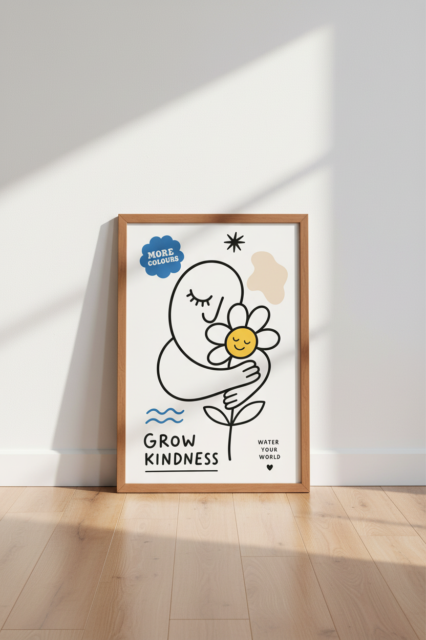 Grow Kindness Flower Wall Art | Minimalist Doodle Poster | Whimsical Room Decor